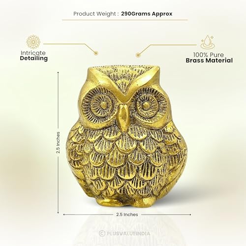 Image of Plus Value Brass Owl Statue for Good Luck Feng Shui Vastu Idol Symbol of Wisdom Protection for Home & Office Work Desk Decor Metal Owl Sculpture Showpiece (2.5 Inches, Gold)