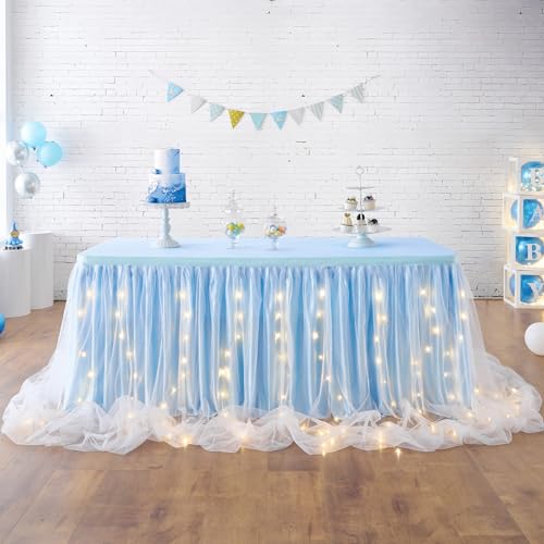 leegleri Baby Blue Tulle Table Skirt for Baby Shower,6FT Blue Ruf...
