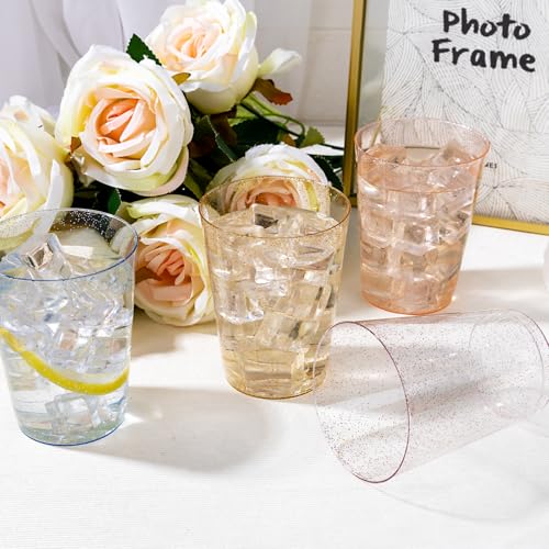 Image of DaYammi 100 Pack 10 Oz Plastic Cups Glitter Disposable Cups in Assorted Colors,Plastic cups with 4 Colors, Disposable Wine Glasses Heavy Duty disposable Tumblers Drinking Cocktail Glasses for Party