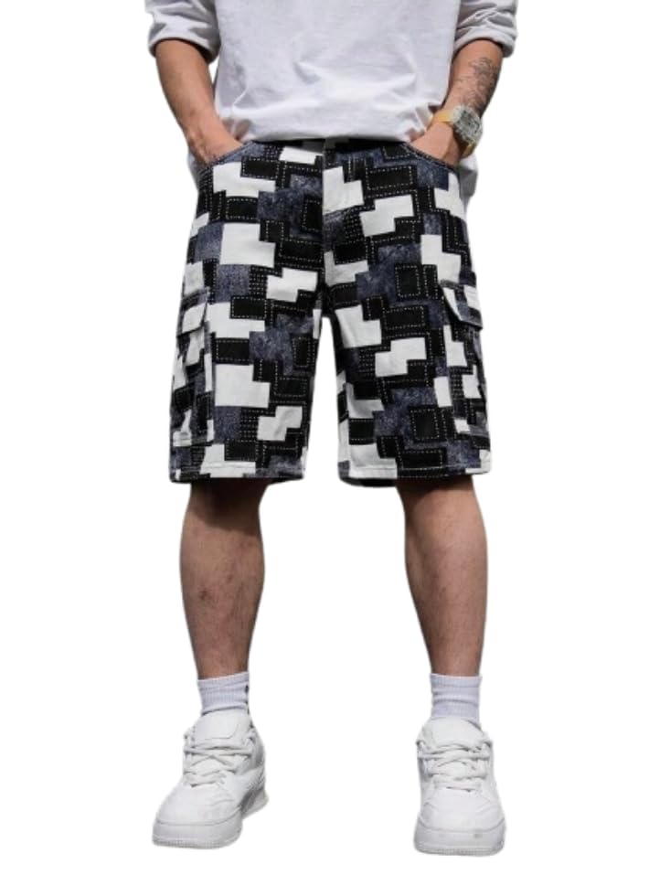 Men's Geometric Print Cargo Shorts | Black and White Patchwork Streetwear Hip-Hop Utility Shorts | Trendy Multi-Pocket Casual Half Pants for Men (Sizes: S to XXL)-picture-53