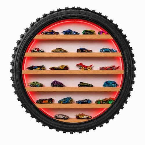 Image of Wall Mounted Tire Display Shelf with LED Lights for Kids Room | Wooden Circular Tyre Rack, Die-Cast Cars, Toy Car Organizer Storage, Handmade Tire Shape Floating Shelf