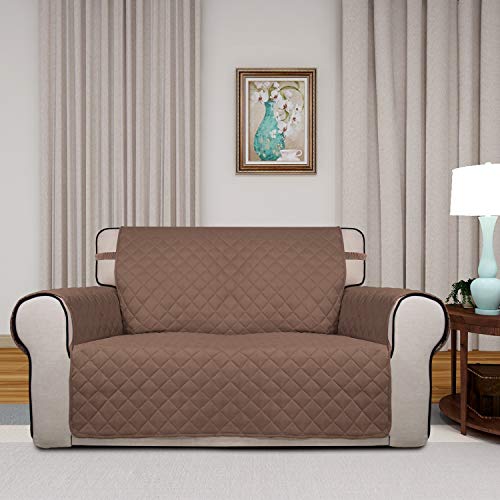 Image of PureFit Reversible Quilted Sofa Cover, Water Resistant Medium Slipcover Furniture Protector, Washable Couch Cover with Non Slip Foam and Elastic Straps for Kids, Dogs, Pets (Loveseat, Brown /Beige)