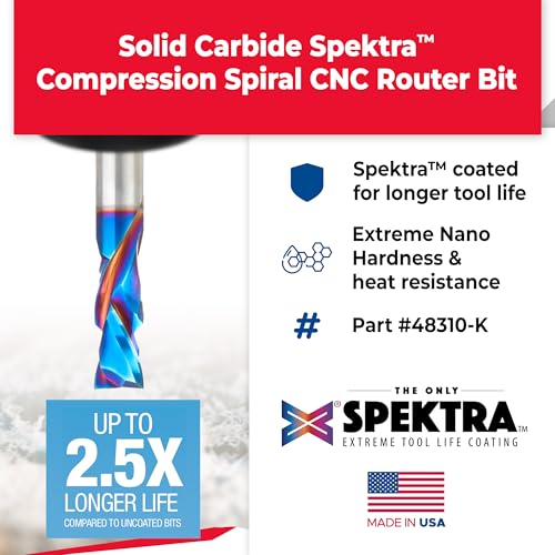 Image of Amana Tool Spektra Extreme Tool Life Coated Solid Carbide CNC Compression Spiral Router Bit, 48310-K, 10mm D x 25mm CH x 10mm Shank x 64mm Long