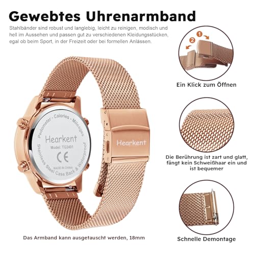 Damen Schrittzähler Uhr,Wasserdicht Fitness Tracking Digitale Uhr,Ohne Bluetooth und APP,Seniorenuhr mit Schrittzähler Kalorienzähler,Sportuhr zum Gehen/Laufen (Roségold, Damen)
