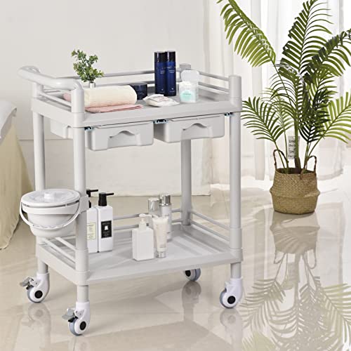 Qiwey Rollwagen mit zwei Schubladen, 2-stöckiger Ästhetikerwagen mit Rollen für Schönheitssalon, Spa, Gewerbe, Krankenhaus, Büro, Laborwagen, Weiß Cover
