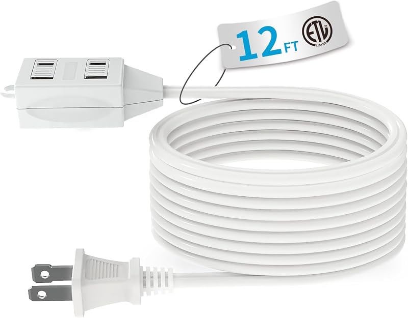 Cable de extensión para interiores, cable de extensión de 2 clavijas de 12 pies, 3 salidas polarizadas con ventanas deslizantes de seguridad, 13 A/1625 W, 16 AWG, 1 paquete
