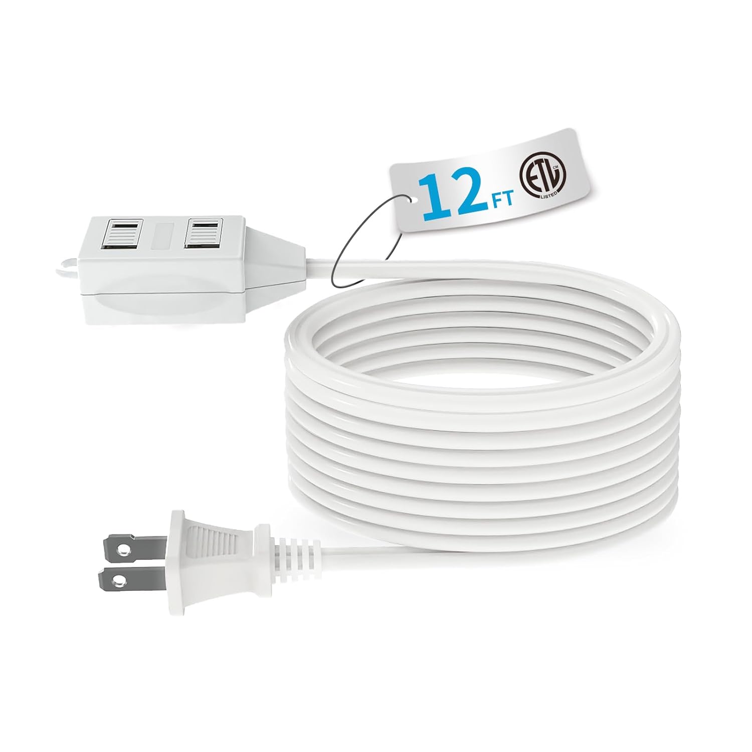 TiFFCOFiO Indoor Extension Cord 2 Prong 12 Feet Extension Cord 3 Polarized Outlets with Safety Slide Windows 13A