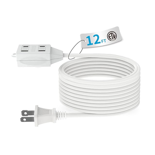 TiFFCOFiO Indoor Extension Cord 2 Prong 12 Feet Extension Cord 3 Polarized Outlets with Safety Slide Windows 13A