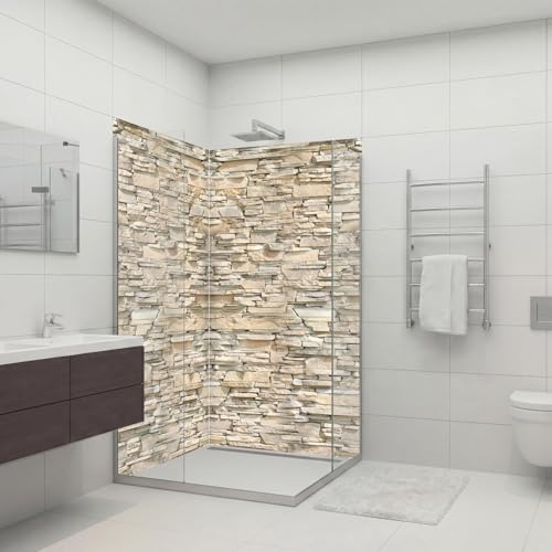 dedeco Eck-Duschrückwand wasserfest mit Stein V2 Motiv UV-Lack matt - 2 x 90x200 cm, als Badrückwand zum Fliesenersatz, als Dekorwand, Wandverkleidung und Duschplatte aus Aluminium - Made in Germany
