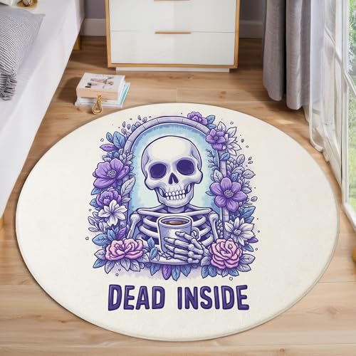 Tapis rond fleur de crâne dessin animé lavable beige