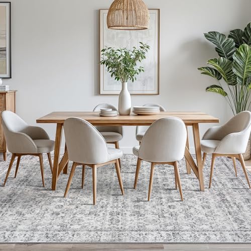 8x10 Area Rugs for Living Room, Machine Washable Large Grey Blue White Area Rug Non-Slip, Ultra Soft Vintage Floral Tribal Traditional Farmhouse Carpet for Dining Room Bedroom Home Décor