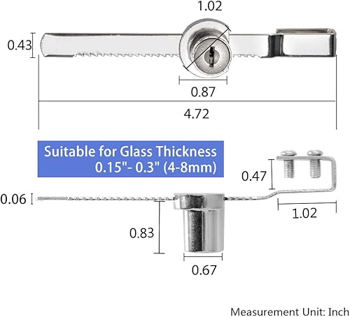 Miniatura 2 de Cerradura de puerta corrediza de vidrio con cerradura de trinquete con acabado cromado, seguridad, con llave igual (2 unidades)