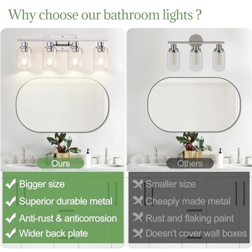 Image of Indoi 4-Light Bathroom Light Fixtures, Chrome Modern Vanity Lights with Clear Glass Shades, Bathroom Wall Lamp for Mirror Living Room Cabinet Bedroom Porch