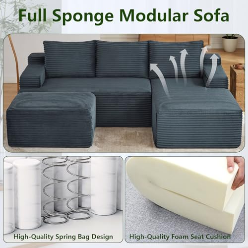 Image of 96.1 inch Modular Sectional Sofa with Ottoman, Modern Corduroy Cloud Couch, Boneless Couch Upholstered 3-Seater U-Shaped Sofa for Living Room, No Assembly (Dark Grey, Right-Facing Chaise)
