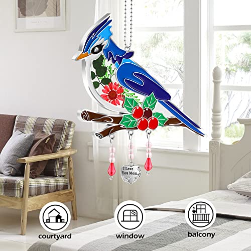 Ky&Bosam Suncatcher I Love You Mom Stained Bluebird Gift Glass Hand-Painted Garden Ornament Hanging Wind Chime With Pressed Flower Bluebird Embedded In Glass Mom Gift Mother`s Day Birthday Christmas #TOP2