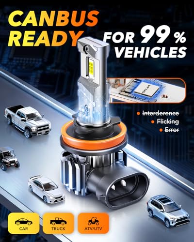 Image of OXILAM H11 /H8 LED Light Bulbs, 1000% Brighter H11 Fog Bulb, 60,000Hrs Lifespan, 3 MIN Direct Plug, IP68, Anti-Flicker LED Light for Cars Trucks SUVs, Pack of 2
