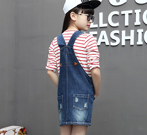 KIDSCOOL SPACE Baby Little Girls Fox Flowers Embroidered Lace Denim Overall Dress2