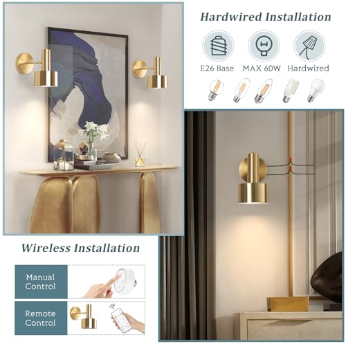 KELUOLY Battery Operated Wall Lights Set of 2, Wireless Battery Powered Wall Sconce, Modern Metal Indoor Wall Lamp, Dimmable with Remote, Suitable for Living Room Bedroom Golden-Like Brass Finish by KELUOLY - Used condition - Image 5