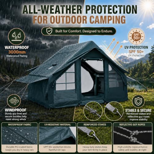 Carpa Inflable para Camping con Bomba de Aire Eléctrica - Carpa Cabina Inflable de Oxford 420D Resistente - Inflado Automático en 5 Minutos con Claraboya Panorámica y Chimenea para Camping 4 Estaciones (4-6 Personas) miniatura 6