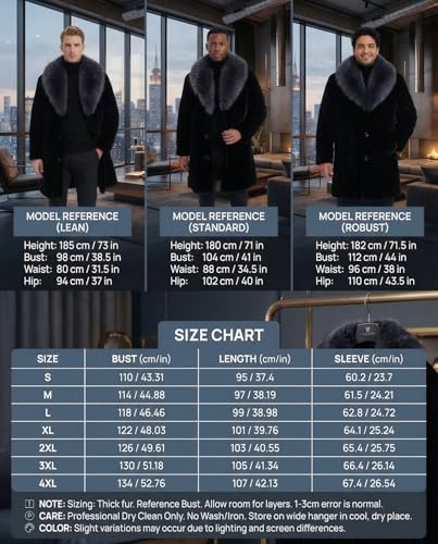 Image of Long Faux Fur Coat Outwear Black Winter Parka Overcoat for Men