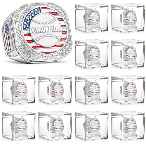 Landical 12 Set Baseball Championship Ring with Display Case and Stand Holder Championship Ring Box Acrylic Display Case and Holder Baseball Champion Trophy Rings for League Winner