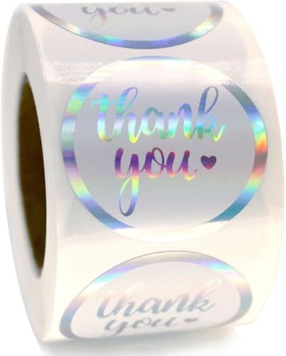 Bokinyoung Thank You Stickers Roll 500 PCS Round Rainbow Silver Foil Seal Stickers 1.5 Inch Thank You Labels for Business