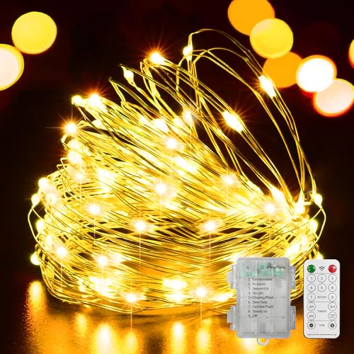 LAMPHOME 100 LED 33FT Fairy Lights Battery Operated with Remote Mini Starry String Lights Multi Functions & Timer Twinkle Light for Christmas Home Bedroom Wedding DIY Centerpiece Decor Yellow