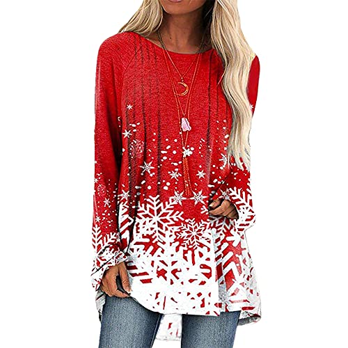 Mayntop Womens Tops Shirt Tunic Plus Size Snowflake Christmas Gradient Xmas Graphic Pattern Print Long Sleeve Oversize Baggy Loose Blouse(M Red,XL)