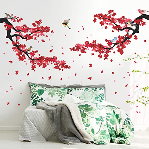 Romantic Red Flowers Wall Decals 3D Plum Floral Tree Branches Wall Stickers Diy Removable Peach Cherry Blossom Birds Wall Decor For Kids Girls Bedroom Living Room Nursery Office Decoration Dt-4978 #TOP7