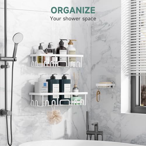 Image of Veken Shower Caddy 3-Pack, Advanced Rustproof Design, No Drilling Adhesive Shelves, Rack with Soap Holder, Large Capacity Bathroom Organizers and Storage, Wall-Mounted Kitchen & Home Decor, White