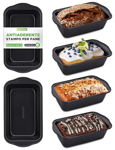 Nutrichef Teglie Forno 6 Pezzi con Manici Grip, Teglie da Forno Perfette per Pane, Dolci, Torta, Stampo Plumcake, Stampo Pane in Cassetta, 29,5x15,2 x 6,5 cm