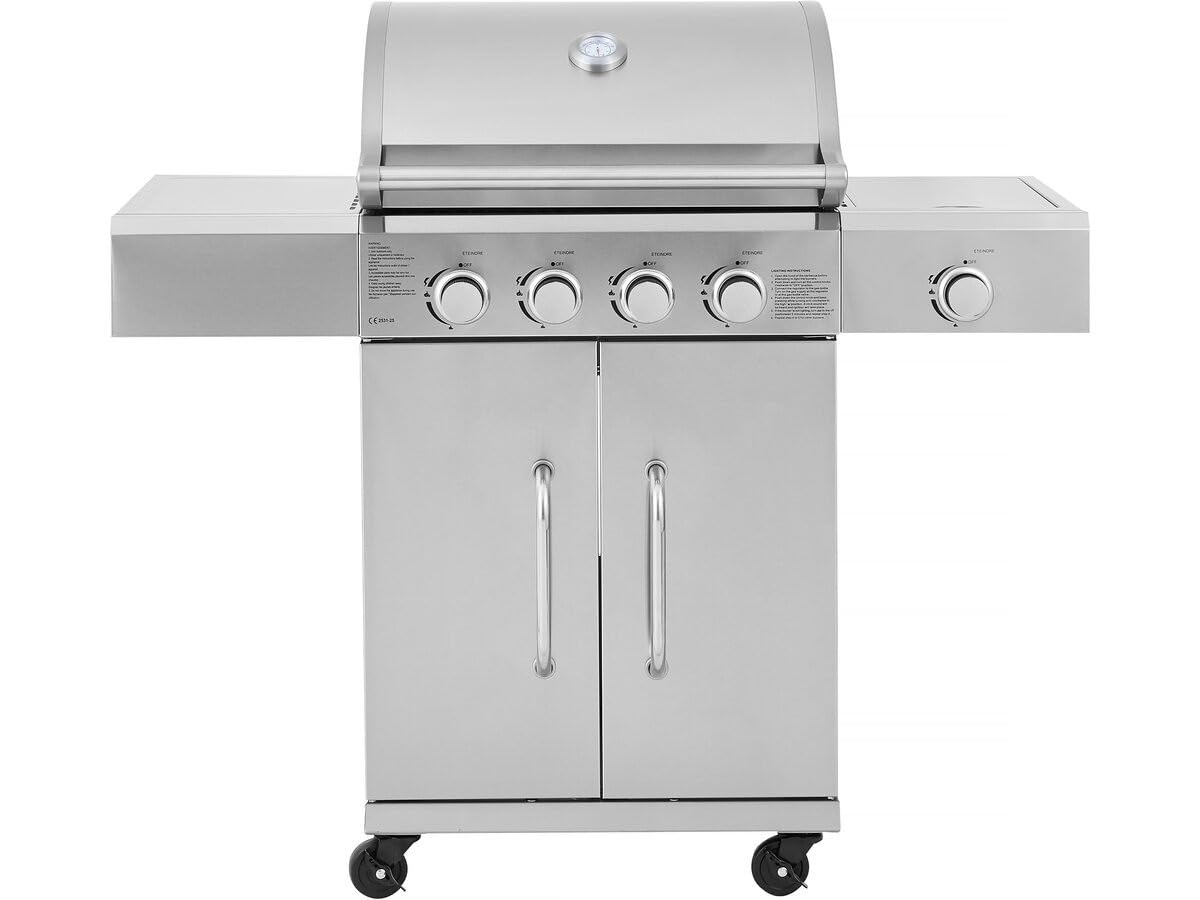 Barbacoa de gas de acero inoxidable con 5 quemadores incluyendo 1 quemador lateral Brazzo - 118 x 57 x 104 cm - Gris claro