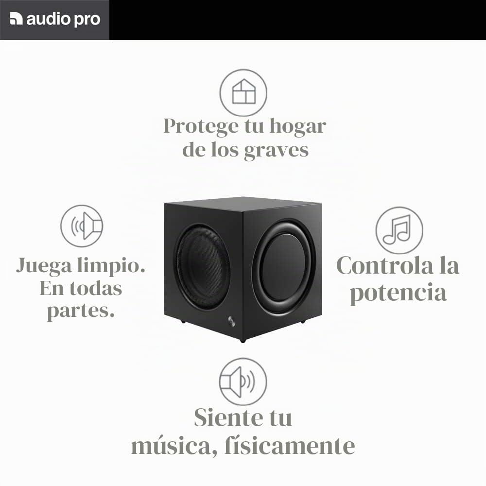 Audio Pro Subwoofer Potente con Reflejo de Graves y con Cable - Speaker Graves Profundos Amplificador Digital Clase D 200W - Transmisión de Audio y Sonido de la Televisión SW-10 - Negro