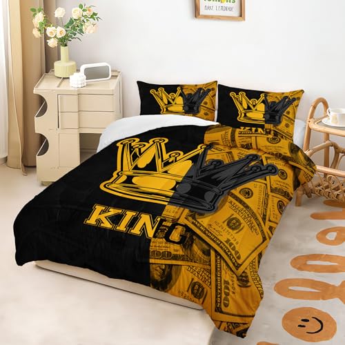 Image of AILONEN Black and Gold Printed Couple Full Bedding Set,King and Queen Crown Comforter Set,3-Piece King Money Pattern Dollar Design Quilt Set for Adults Men Women,1 Comforter with 2 Pillowcases