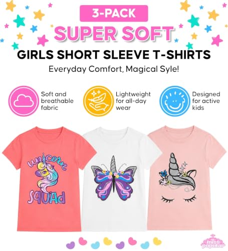 Image of MISS POPULAR Girls 3-Pack Super Soft Short Sleeve T-Shirts Unicorn Butterfly Glitter Print Cute Design| Sizes 7-16