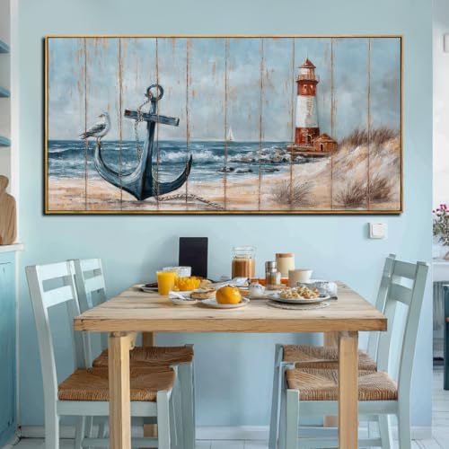 Image of VAYIMDH Lighthouse Canvas Prints Wall Art,Ocean Landscape Coastal Beach View Wall Decor,Modern Blue Artwork Bird Pictures for Home Office Bedroom Decor 24 inchx48 inch