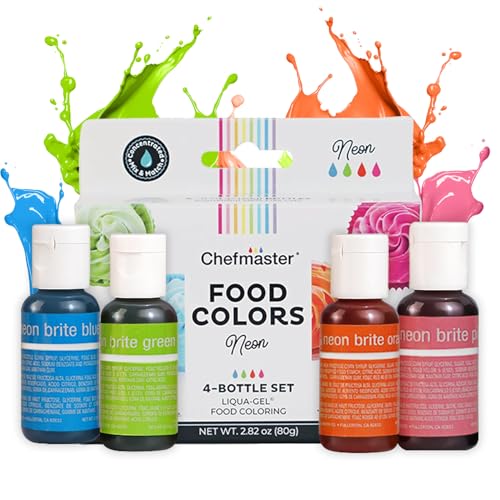 Chefmaster 4-Bottle Set of Neon Food Coloring, Liqua-Gel® Vibrant Colors, Professional-Grade Dye for Easter Eggs, Icing, Frosting, Fondant, & Batters,...