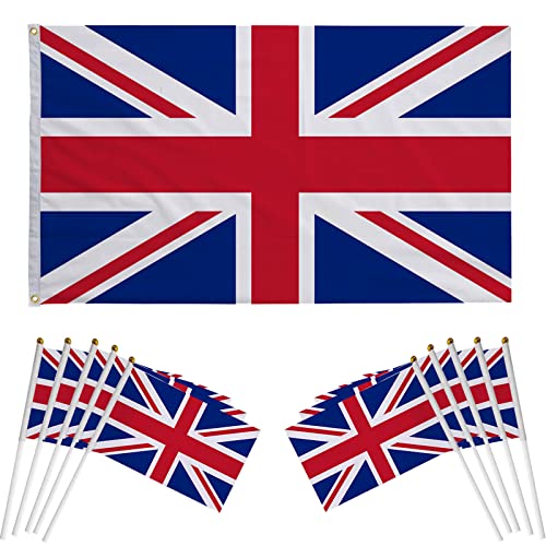 Kings Coronation Decorations, 10 PCS With Pole Union Jack Bunting and Union Jack Flags for Coronation Celebration Decoration Garden Yard Lawn Outdoor Royal Events,BBQ, Royal Parades