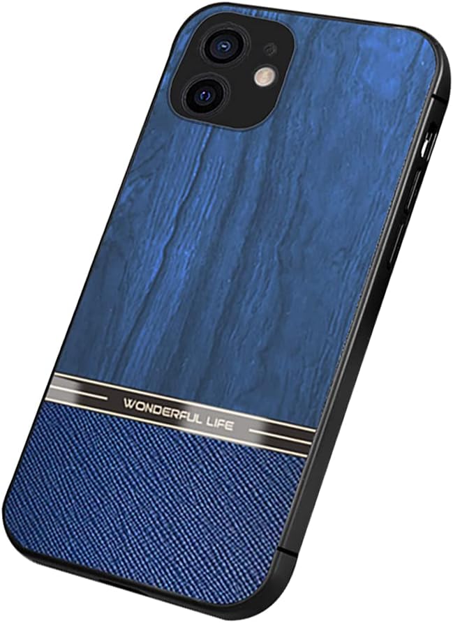 Dqtaoply Funda Compatible con iPhone 12, Ultrafina PU Piel Carcasa Silicona Bumper Caso Antigolpes Madera Patrón Case para iPhone 12,Azul
