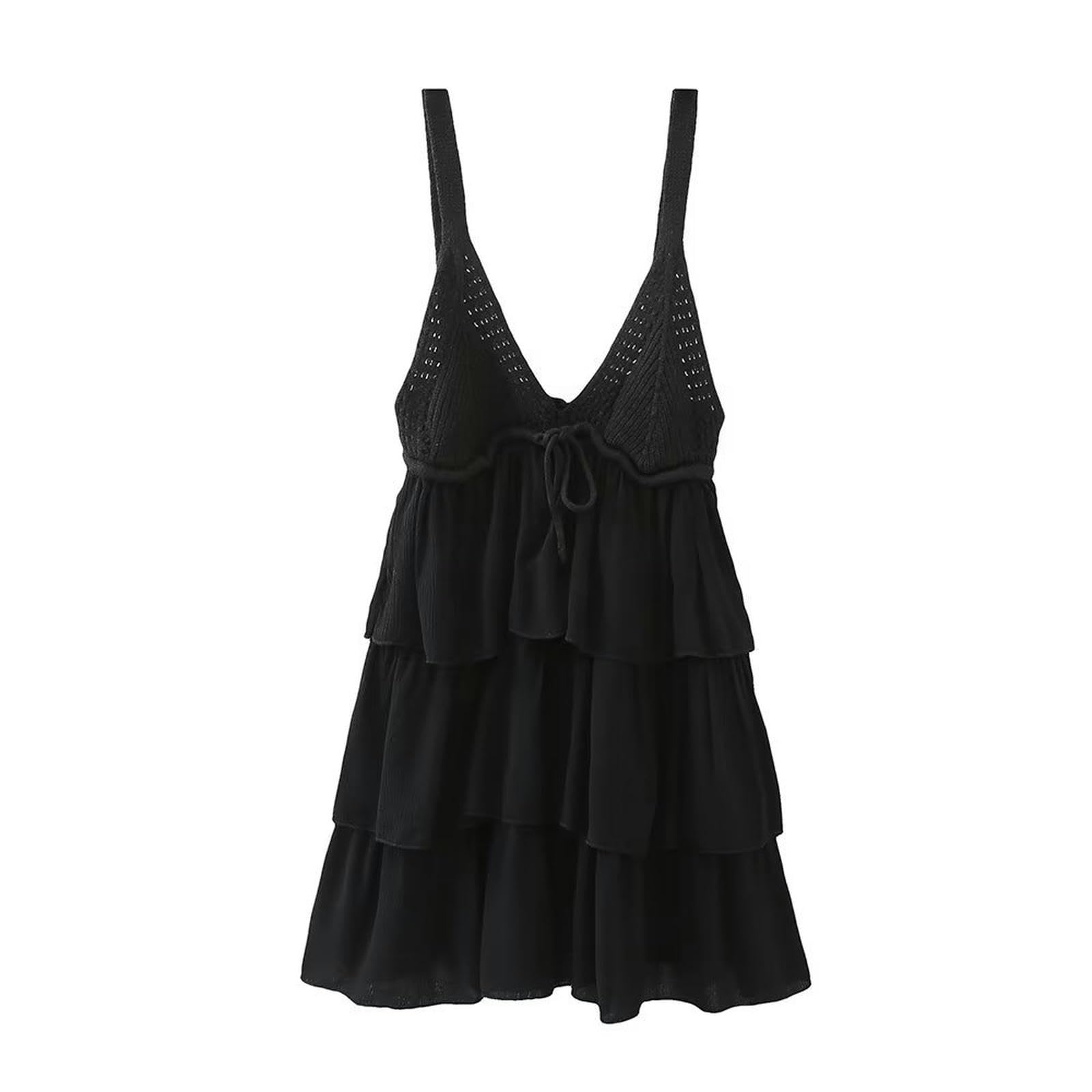 Robe d'été pour femmes col V ample et superposée avec tricot noir L