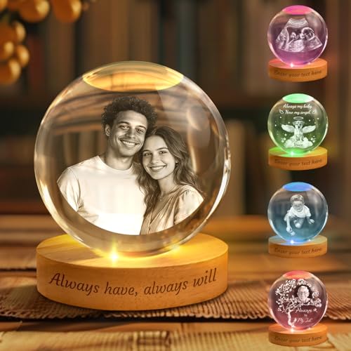 Personalized Crystal Photo Globe Light Custom Engraved Crystal Ball Picture Lamp with Wood Base Customized Memorial Photo Gifts for Couples Pets Family Anniversary Birthday Style1