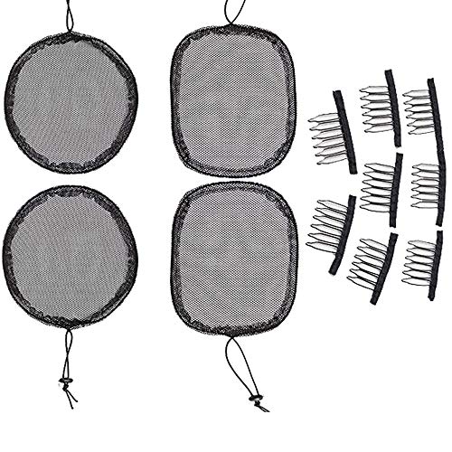 4 PCS Ponytail Net Drawstring Base Net Wig Liner Caps For Making Afro Hair Bun Ponytail Net with 8 PCS Combs Black Guleless Hairnet Afro Hair Bun Weaving Net For Women Girls