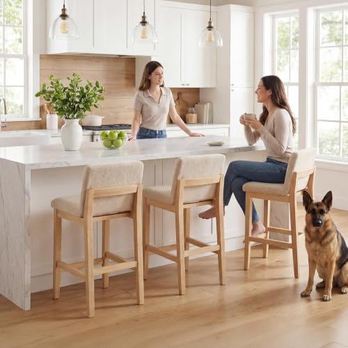 Image of Zesthouse Wooden Counter Height Stools Set of 4, 26 inch Modern Bar Stools with Upholstered Back & Solid Wood Leg, Mid Century Modern Heavy Duty Barstools, Beige Linen Fabric High Chair for Kitchen Island