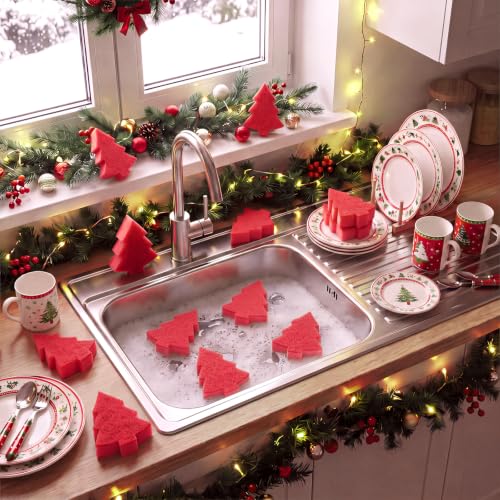 Image of Tioncy 12 Pack Christmas Tree Kitchen Sponges Bulk Red Tree Dual Sided Scrubber Sponges Dishwashing Kitchen Cleaning Accessories for Home Decor Household Supplies