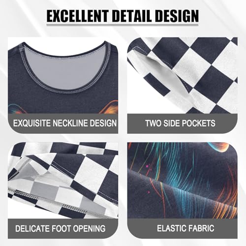 Checkerboard Plaid Neon Fox Black Pajama Set Short Sleeve Sleepwear Soft Pajamas Shorts Sets Cotton PJS 5Y4