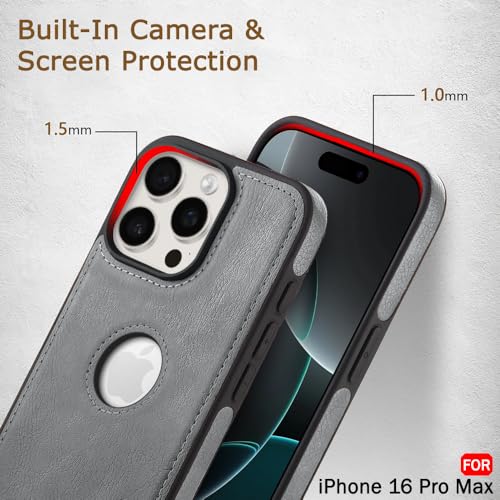 Image of TheGiftKart Genuine Leather Finish Back Cover Case for iPhone 16 Pro Max | Shockproof Design | Raised Edges for Camera & Screen Protection | Stunning Minimalist Case Cover (Faux Leather & PC, Grey)