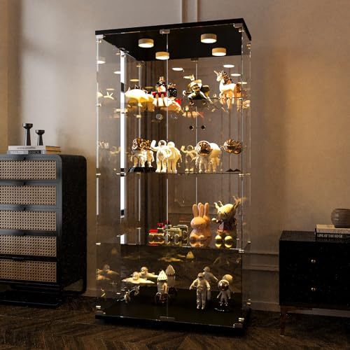 Vitrina de cristal con espejo 164 x 80,5 x 36,5 cm, vitrina para colección con puertas de cristal y LED, armario de cristal de pie con 4 estantes, mueble vitrina de cristal para el hogar y la oficina