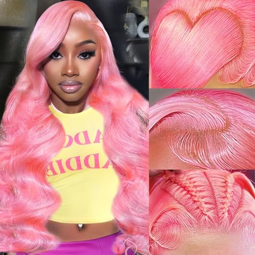 Tobeallo 28 Inch Pink Human Hair Wig 200 Density Body Wave 13x6 HD Lace Front Wigs Human Hair Pre Plucked Pink HD lace frontal Body Wave Wig 13x6 Colored Glueless Wigs