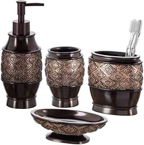 Creative Scents Dublin Bathroom Accessories Set, Bathroom Decor Sets Accessories Includes Soap Dispenser, Bar Soap Dish, Tumbler, and Toothbrush Holder for Your Vanity Countertop (Brown)