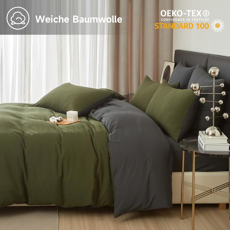 Gezu Beddengoed 220 x 240 cm, katoen, zwart, antraciet, 3-delig, katoen, tweepersoonsbed, effen, beddengoedset, zacht, Oeko-Tex, gecertificeerd voor